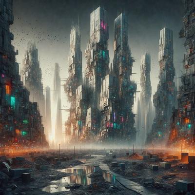 The primary subject of the image is a futuristic cityscape with tall buildings and a large tower. The setting is a dystopian environment, with a dark and moody atmosphere. The visual style is digital art, as the buildings and structures are depicted in a surreal and fantastical manner. The colors are predominantly dark and muted, with some neon elements adding a touch of contrast.